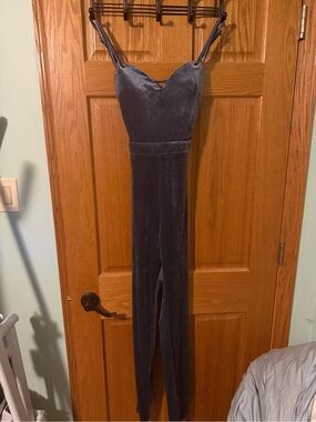 Fashion Nova Slate Blue Velvet Jumpsuit